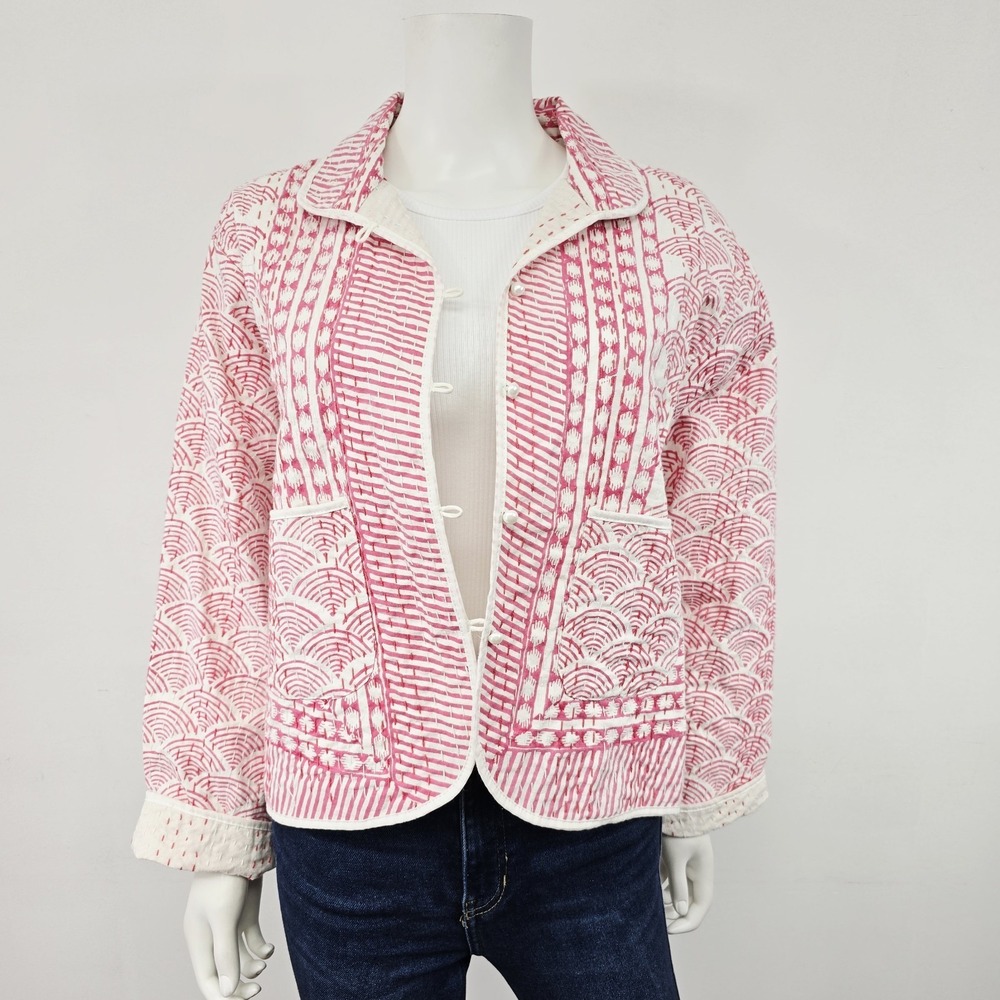 Eleanor James Kantha Collection Jacket Size S/M Pink Printed Boho Indie Preppy